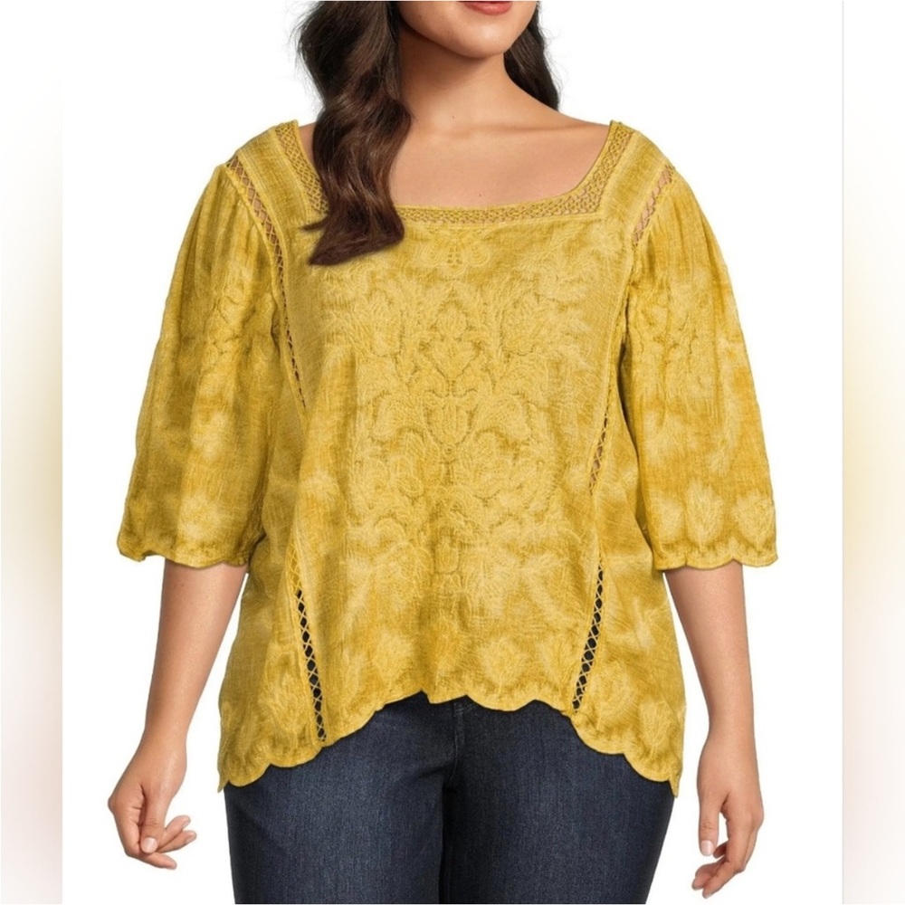 Democracy  Embroidered Mineral Wash Woven Crochet Square Neck XL Gold, New